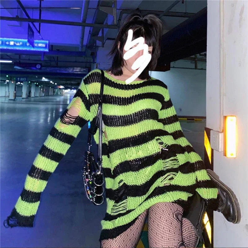 Goth Punk Gothic Pullover Übergroße Pullover Frauen Gestreiften Cool Aushöhlen Loch Gebrochen Jumper Harajuku Ästhetik Pullover So ist Leben