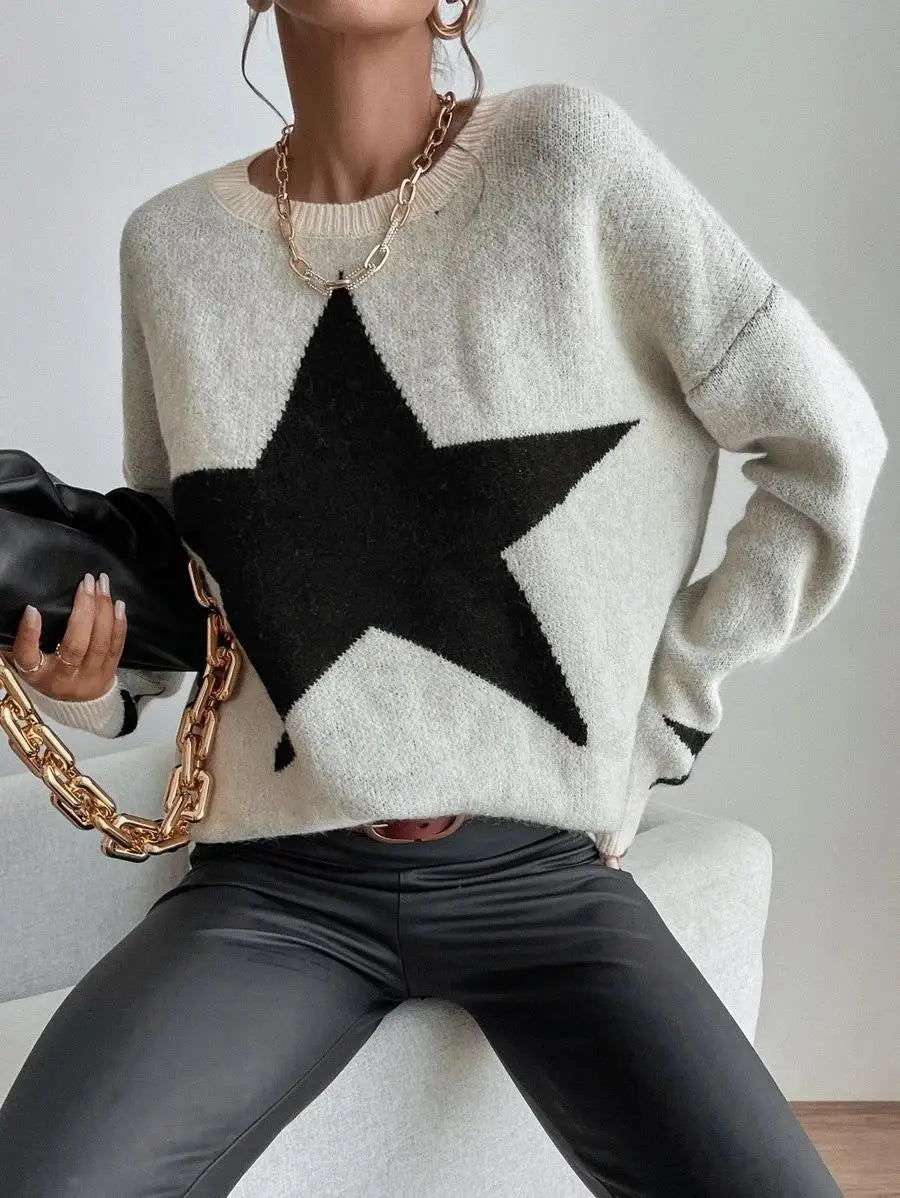 Stern Pullover Pullover Frauen Herbst Frühling Einfache Strick Elastische Pullover Jumper Casual Dicke Warme Schwarz Weiß Grundlegendes Jumper So ist Leben