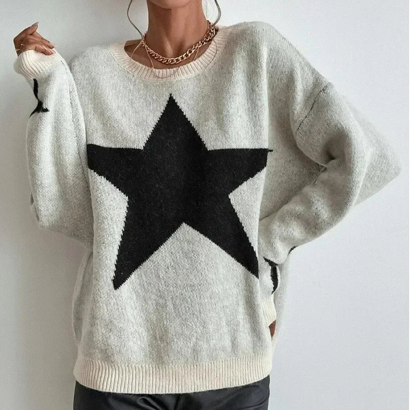 Stern Pullover Pullover Frauen Herbst Frühling Einfache Strick Elastische Pullover Jumper Casual Dicke Warme Schwarz Weiß Grundlegendes Jumper So ist Leben