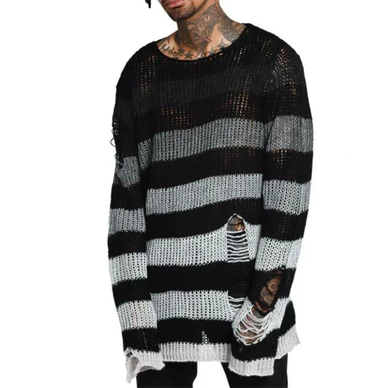 Goth Punk Gothic Pullover Übergroße Pullover Frauen Gestreiften Cool Aushöhlen Loch Gebrochen Jumper Harajuku Ästhetik Pullover So ist Leben