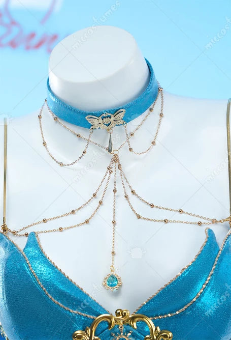 MOBBUNNY Damen Bloom Derivative Sexy Dessous-Kleid, tief ausgeschnitten, unregelmäßiges blaues Kleid mit Ärmeln, Halsband, Cosplay-Kostüm So ist Leben
