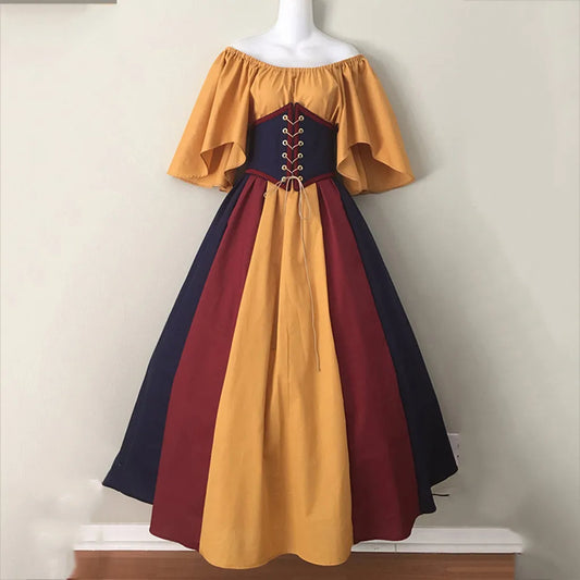 Damen Patchwork Mittelalter Renaissance Kleid Halloween Gothic schulterfreies Retro Langes Kleid So ist Leben