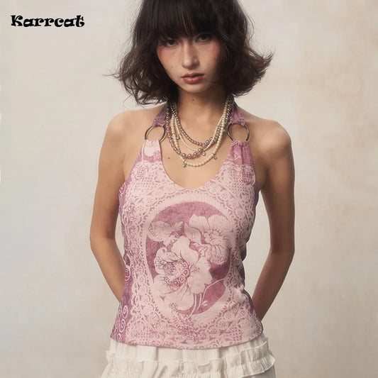 Karrcat japanische y2k Neck holder Tops Grunge Ästhetik lila Tank Top Vintage Harajuku Blumen druck Leibchen rücken frei 2000s Retro - So ist Leben