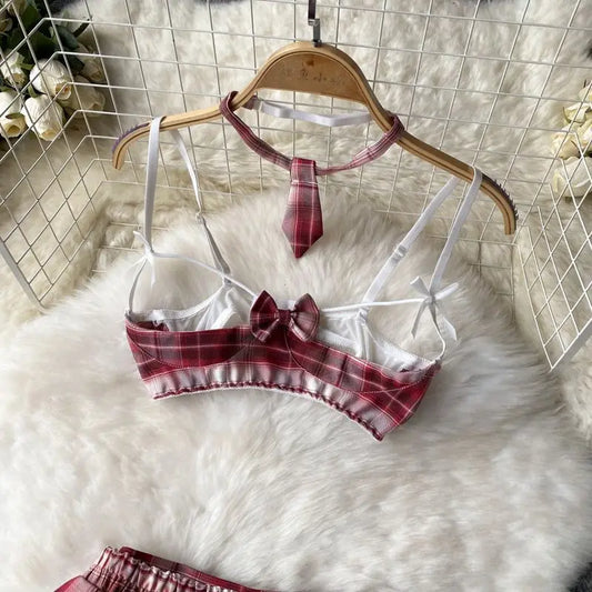 Süßes Kariertes Ausgeschnittenes BH-Minirock-Set Damen Schulmädchen Cosplay Kostüm Sexy Schülerinnen-Uniform Heim-Lingerie Outfit So ist Leben