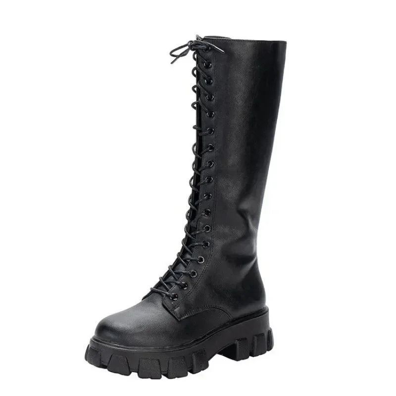 Damen-Stiefel mit mittlerer Wade, gepolsterte Schuhe, kniehohe Winter-Sneaker, Punk-Stil, Militär, lässig, Weiß, Schwarz, 2024, luxuriöse Plattform für Damen So ist Leben