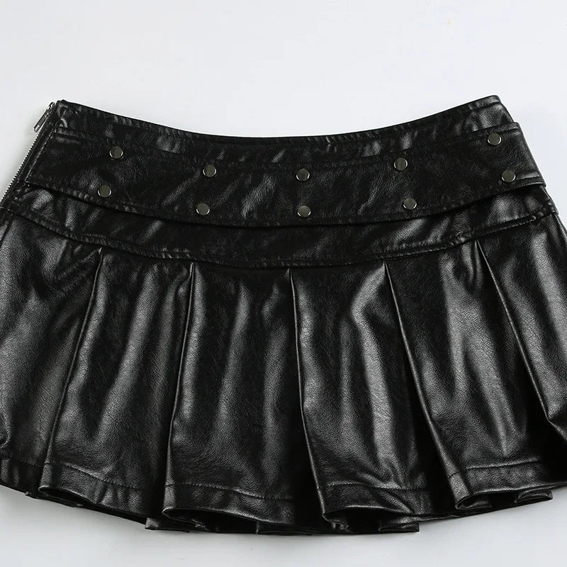 Goth Dark Punk Stil Niet Faux Pu Leder Falten röcke 90er Jahre Grunge Streetwear Frauen Einkaufs zentrum Gothic Drop A-Linie Minirock Reiß verschluss So ist Leben