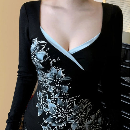 Amerikanisches Retro-Kontrastfarben-T-Shirt mit V-Ausschnitt, bedruckt, würziges Mädchen, schmale Passform, Herbst, Y2K, Harajuku-Stil, Punk, sexy, rückenfreies Top So ist Leben