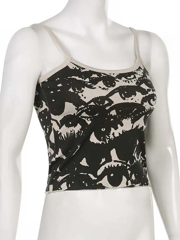 Gothic Porträt Druck T-shirt Ästhetischen Y2K Crop Tops Kurzarm Weste Tees Harajuku Streetwear Weiß Hosenträger Frauen Kleidung So ist Leben