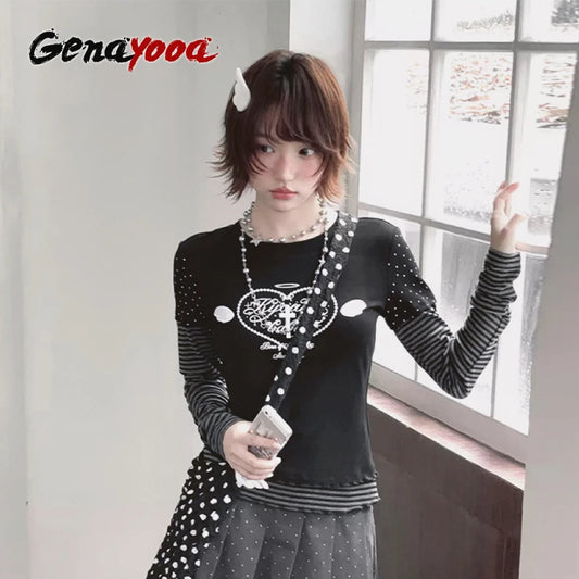 Genayooa Y2k Fairycore Damen T-Shirt Patchwork Langarm Print Grafik Tops Streetwear Ästhetische 2000er Jahre T-Shirts Japanischer Stil So ist Leben
