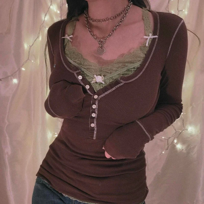 00er Jahre Retro Cottage Grunge T-Shirt Herbst gerippt gestrickt Langarm Slim Fit T-Shirts Y2K Fee 90er Jahre Vintage V-Ausschnitt Crop Tops Damen So ist Leben