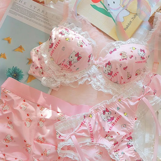 2 stücke Japanische Süße KT Kawaii Gedruckt Unterwäsche Frauen Push-up Keine Draht Bh Nette Lolita Spitze Girly Herz höschen Slip Set Geschenke So ist Leben