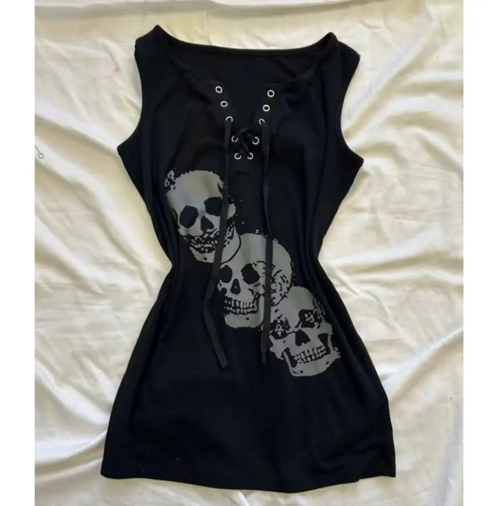 Punk-Weste mit Totenkopf-Print, Damen Slim Y2K 2000er Tanktop, Gothic Vintage Riemen-Streetwear, Ästhetik Harajuku Hot Girl Emo T-Shirts Sommer So ist Leben
