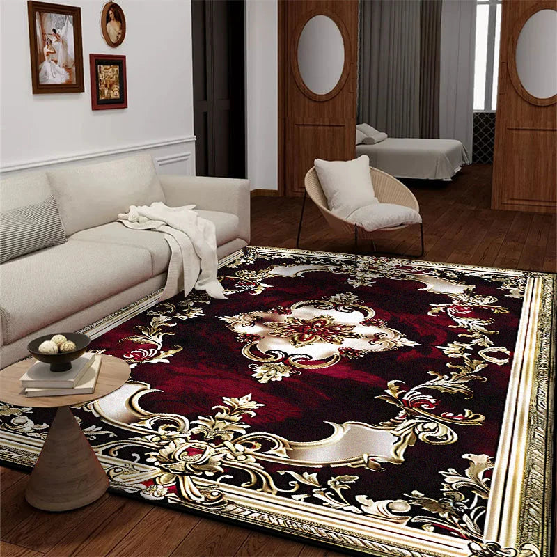 Wohnzimmer mit großem Teppich im roten Design im europäischen Stil - So ist Leben