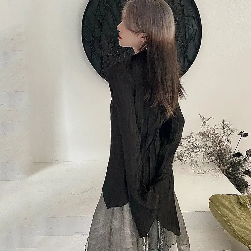 Karrram Gothic Schwarz Hemd Yamamoto Stil Dark Ästhetischen Bluse Frauen Unregelmäßigen Designer Kleidung Emo Alt Kleidung Grunge Tops Y2k So ist Leben