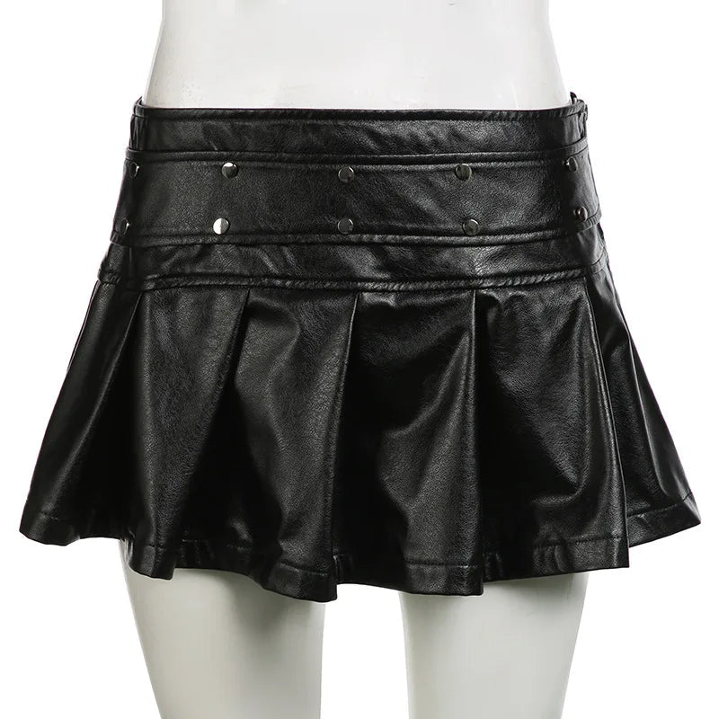 Goth Dark Punk Stil Niet Faux Pu Leder Falten röcke 90er Jahre Grunge Streetwear Frauen Einkaufs zentrum Gothic Drop A-Linie Minirock Reiß verschluss So ist Leben