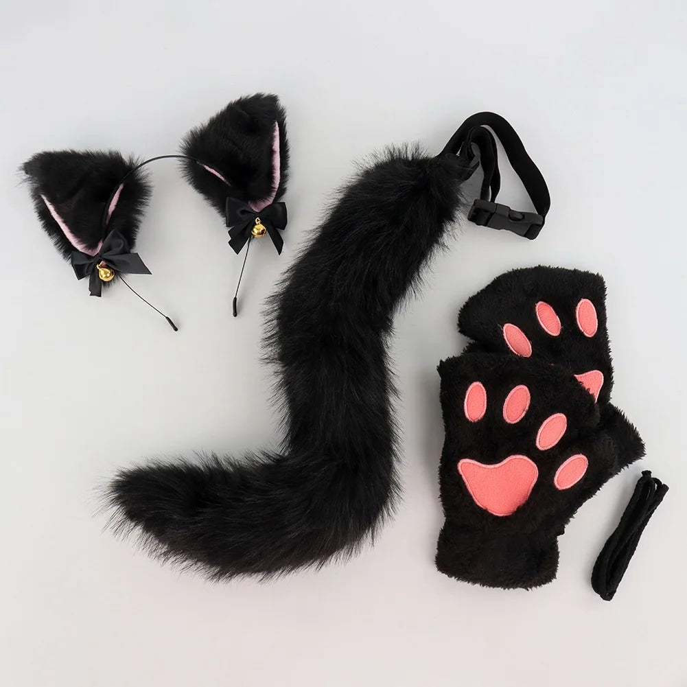 Halloween-Katzen-Kostüm-Set für Mädchen, Cosplay, Halloween-Katzen-Kostümzubehör mit Stirnband, Schwanz, Handschuhe, 3-teilig So ist Leben