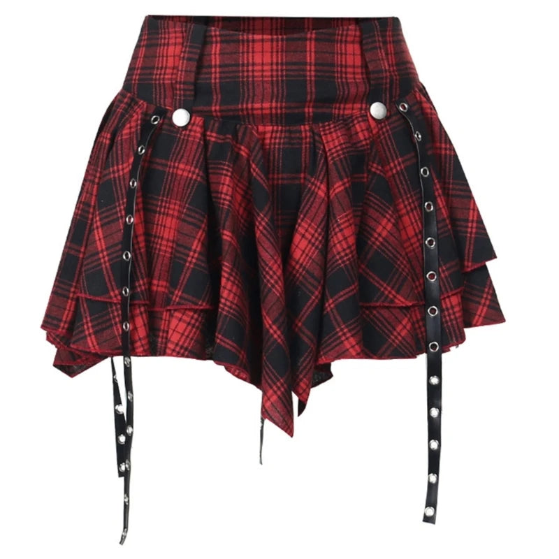 Damen Gothic-Minirock mit Ösen, Bandagen, Karomuster, gestuft, plissiert, A-Linie So ist Leben