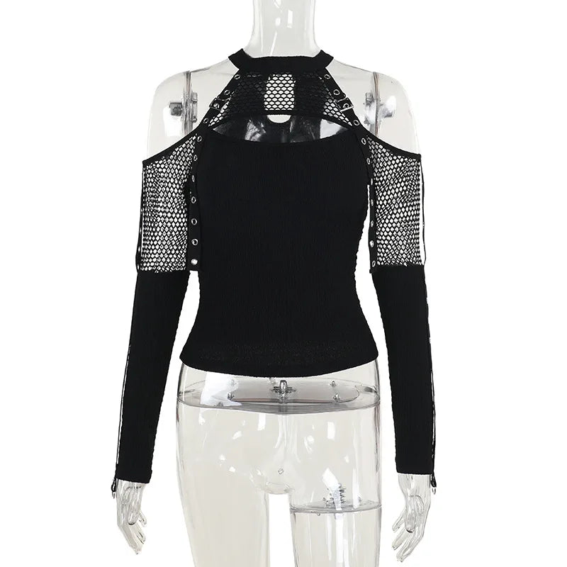 Goth Dark Punk Grunge Fishnet Patchwork Off Schulter T-shirts Trim Mais Strap Halter Tops Herbst Mall Gothic Streetwear T-shirt So ist Leben
