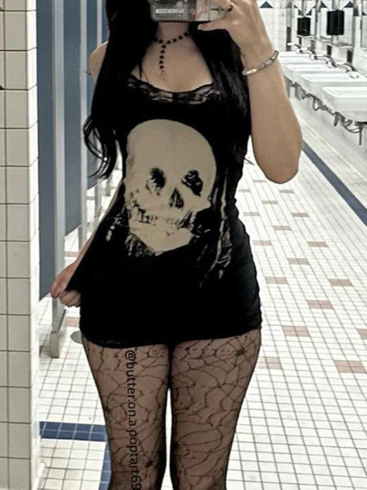 2024 neue Retro Punk Gothic Kleid Frauen Streetwear Harajuku Schädel gedruckt ärmellose hohe Taille Bodycon Kleid Grunge Rave Outfits So ist Leben