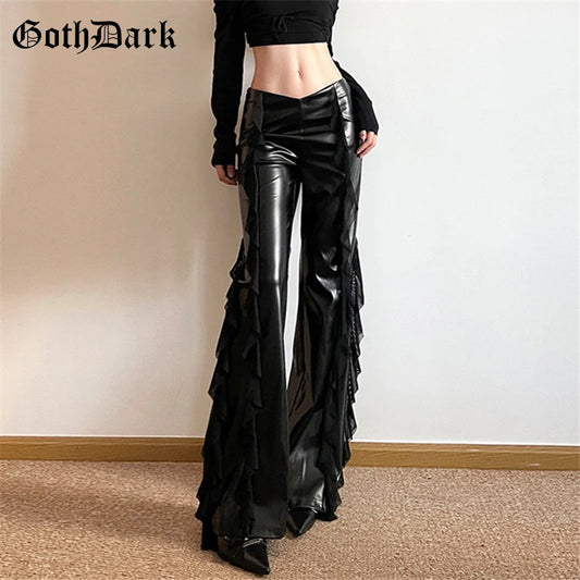 Goth Dark Streetwear Faux Pu Patchwork Mesh Hose mit hoher Taille Mall Gothic Zip Frauen Casual Flare Hosen Punk-Stil Alt Bottoms So ist Leben