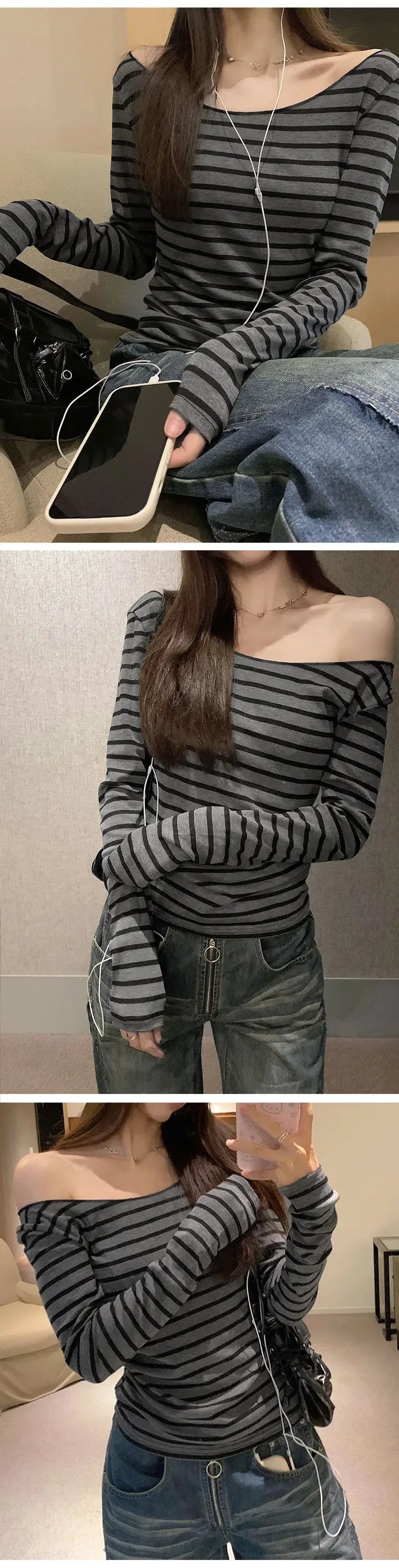 Frühling Herbst Damen Neue japanische Grundmodelle Schlankes langärmeliges gestreiftes T-Shirt Trägerloses koreanisches Street Style y2k dünne Tops So ist Leben