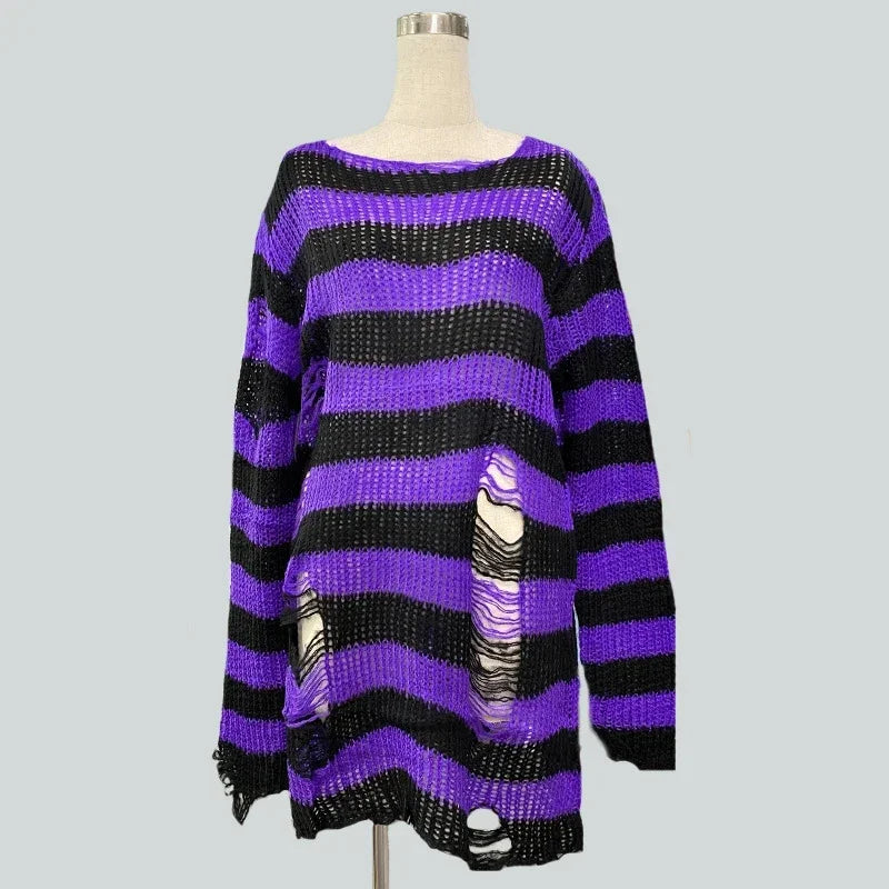 Goth Punk Gothic Pullover Übergroße Pullover Frauen Gestreiften Cool Aushöhlen Loch Gebrochen Jumper Harajuku Ästhetik Pullover So ist Leben