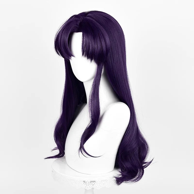 Anime EVA Katsuragi Misato Cosplay Perücke 55 cm Lange Perücke Schwarz Lila Lockiges Haar Hitzebeständige Synthetische Perücken Halloween Party So ist Leben