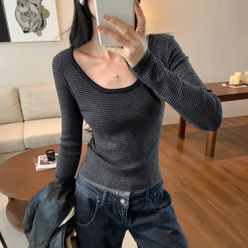 Slim Fit Koreanischen Stil frauen Gestrickte Basis Shirt Herbst Winter Neue Ankunft Streifen Design Modische Innere Tragen T-Shirt So ist Leben