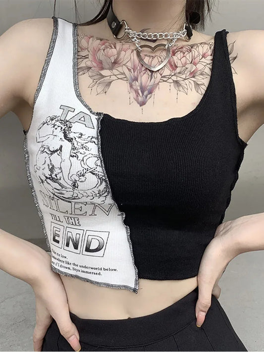 Punk Stil Patchwork Tank Tops Ästhetischen Brief Und Grafik Druck Frauen Crop Top Farbe Blockieren Ärmellose Streetwear So ist Leben