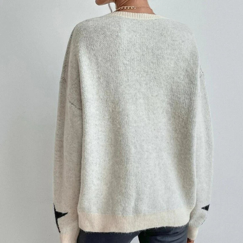 Stern Pullover Pullover Frauen Herbst Frühling Einfache Strick Elastische Pullover Jumper Casual Dicke Warme Schwarz Weiß Grundlegendes Jumper So ist Leben