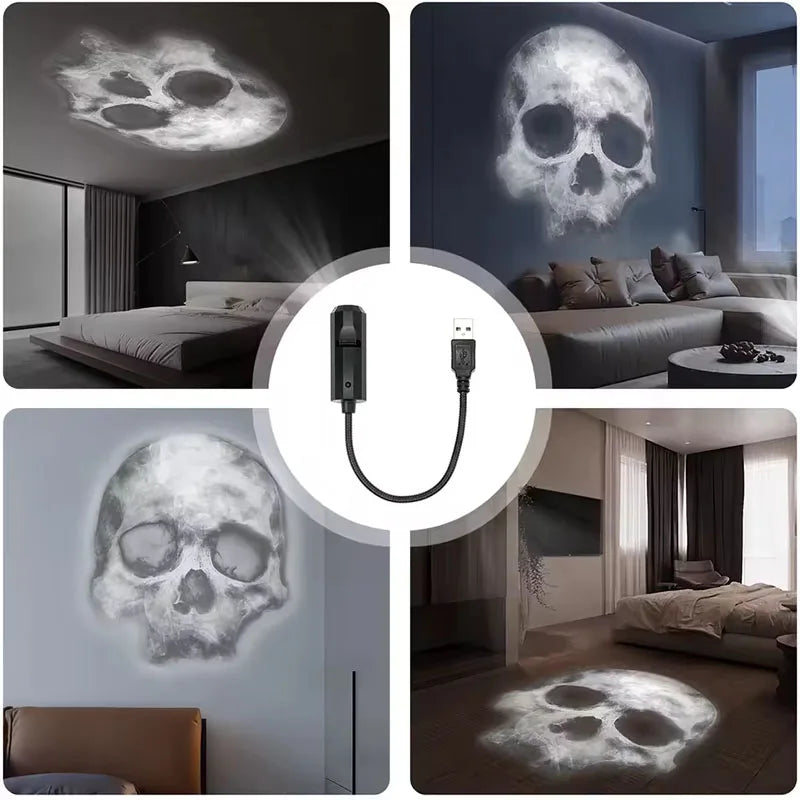 Halloween-USB-Projektorlicht, Totenkopf-Nachtlicht, Geister-LED-Lampe, 360 Grad drehbar, umschaltbares Muster, Design, dunkle und nächtliche Atmosphäre So ist Leben