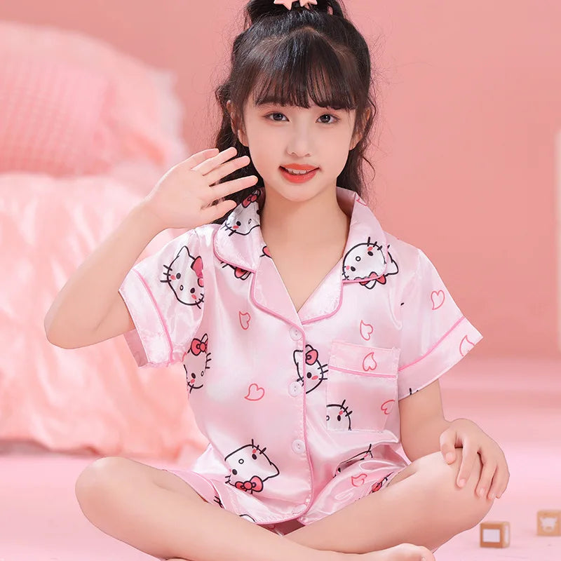 Anime 2Pcs Hallo Kitty Kuromi Kinder Pyjama Sets Sanrios Cartoon Mädchen Eis Seide Revers Kurzarm T-Shirt Tops Hosen pijamas Set