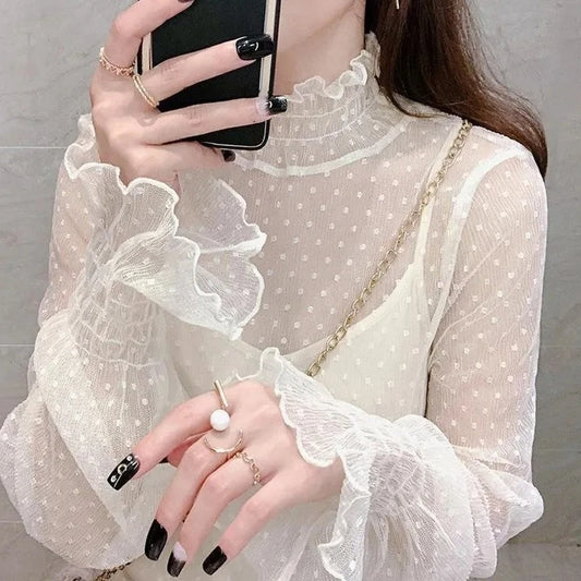 Frauen Sexy Mesh Durchsichtig T-shirt Lange Glocke Hülse Aushöhlen Bluse Sommer Transparent Sheer High Neck Bodenbildung Basic Tee - So ist Leben