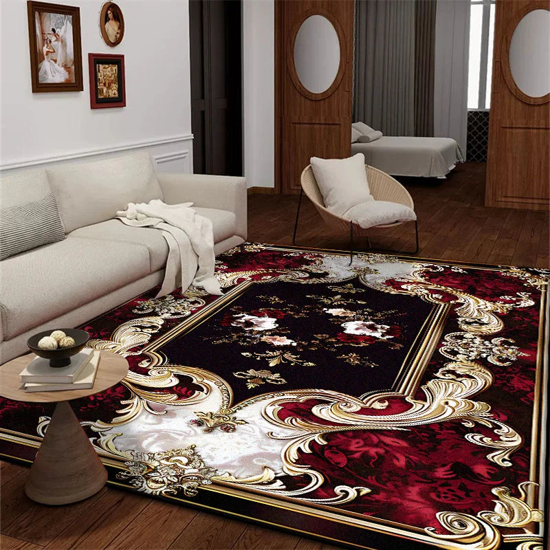 Wohnzimmer mit großem Teppich im roten Design im europäischen Stil - So ist Leben