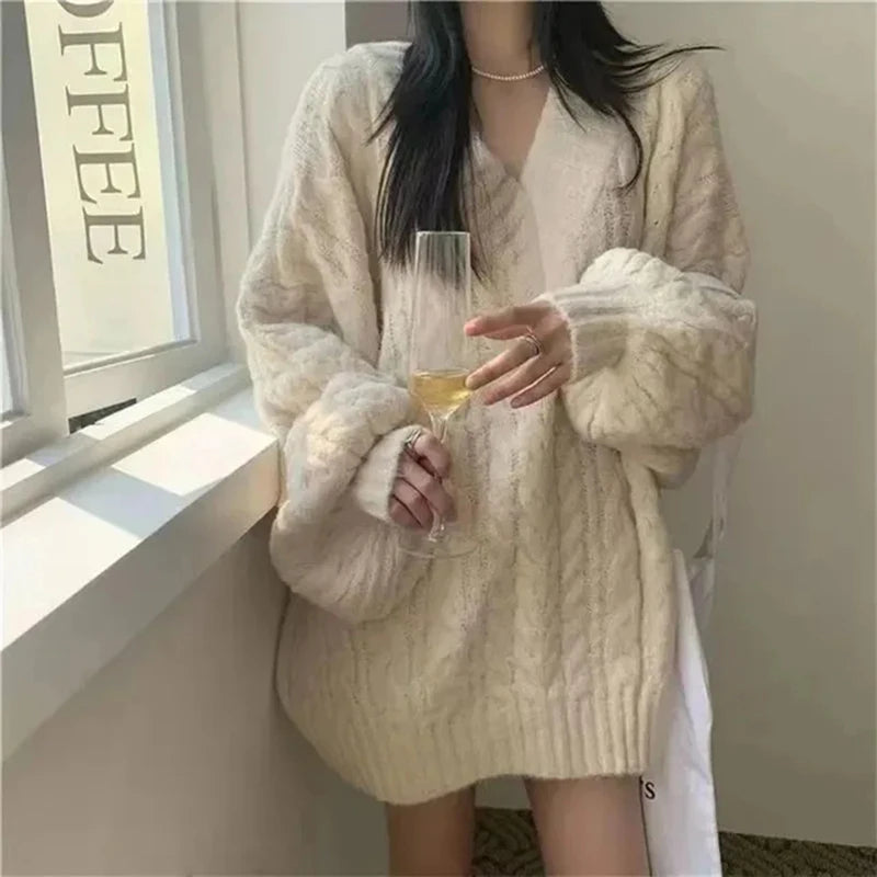 Herbst Winter Frauen Pullover Harajuku Übergroßen Gestrickte Pullover Koreanische Langarm V-ausschnitt Strickwaren Preppy Solide Lose Jumper So ist Leben