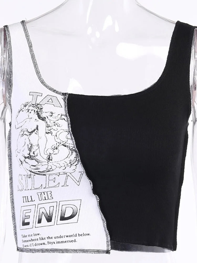 Punk Stil Patchwork Tank Tops Ästhetischen Brief Und Grafik Druck Frauen Crop Top Farbe Blockieren Ärmellose Streetwear So ist Leben