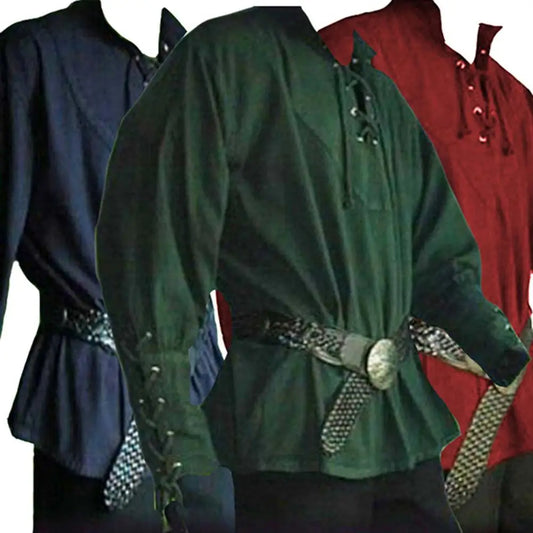 Hübsche Männer mittelalterliche Renaissance Langarm-Shirt Bandage Casual Tops Halloween Vermieter Ritter Shirt Vintage Cosplay Kostüm So ist Leben
