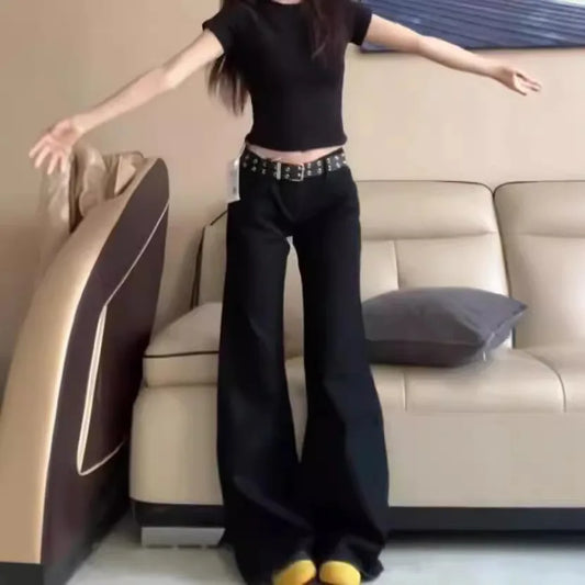 Schwarze Low-Waist-Schlagjeans aus Denim – Trendige, lockere Retro-Hose mit weitem Bein und Bodenlänge für den sexy Street-Style So ist Leben