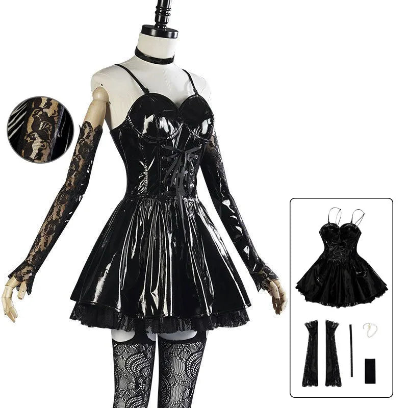 Misa Amane Cosplay Kostüm Perücke Kunstleder Sexy Kleid Halskette Spitze Ärmel Strümpfe Frauen Uniformen Anime Outfits