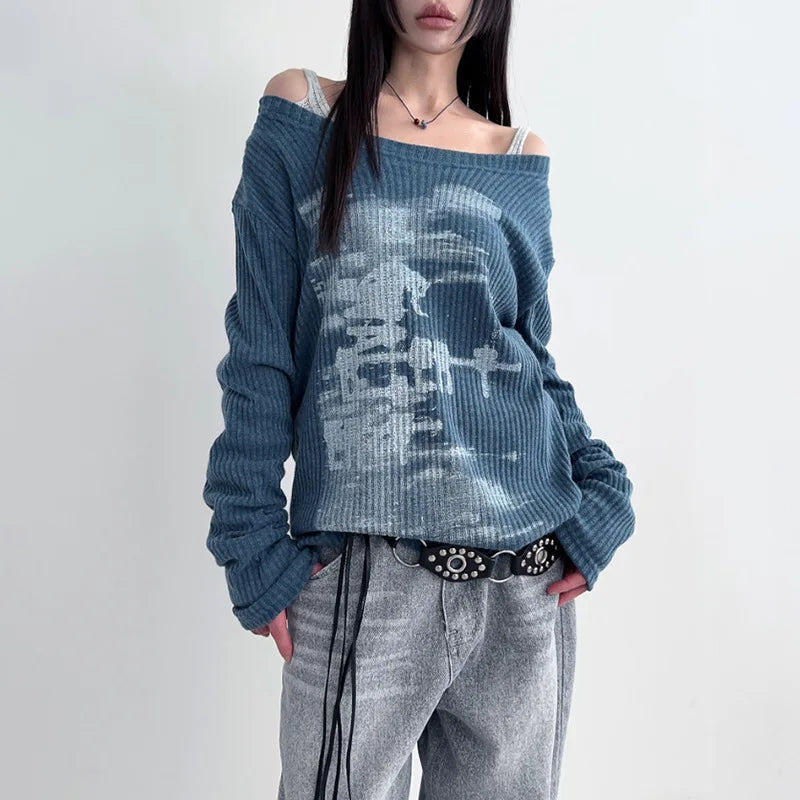 Herbst Harajuku Frauen Druck Tees Vintage Streetwear Grunge Skew Kragen Tops Y2k Ästhetischen Lose Beiläufige Hiphop Vintage Tops So ist Leben