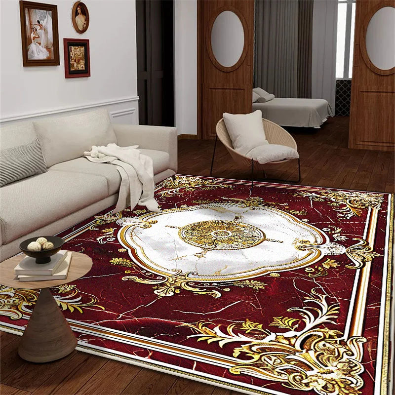 Wohnzimmer mit großem Teppich im roten Design im europäischen Stil - So ist Leben