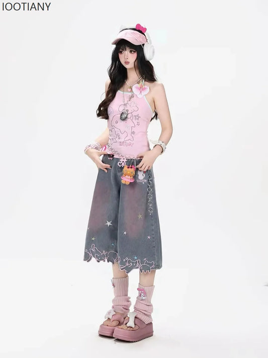 Damen High-Waist Jeans mit Niedlicher Cartoon-Katzen-Stickerei, Vintage Y2K Kleidung, Wadenlange Denim-Hosen, Harajuku Blaue Streetwear So ist Leben