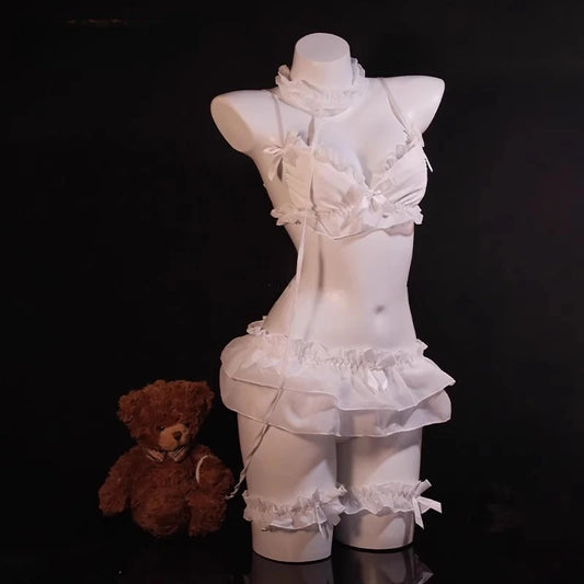 Kawaii japanisches Dessous-Set, Lolita, sexy Cosplay, Rüschen, Unterwäsche, Outfit, BH und Höschen mit Strumpfband, Kostüm, Schulmädchen-Dessous So ist Leben