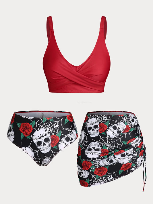 ROSEGAL Plus Size Damen Plus Size & Curve Skull Rose Print Crossover Dreiteilige Bikini-Badeanzüge So ist Leben