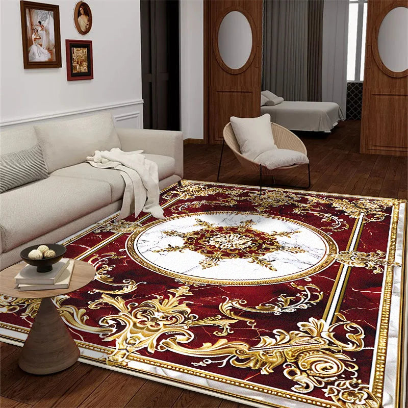Wohnzimmer mit großem Teppich im roten Design im europäischen Stil - So ist Leben