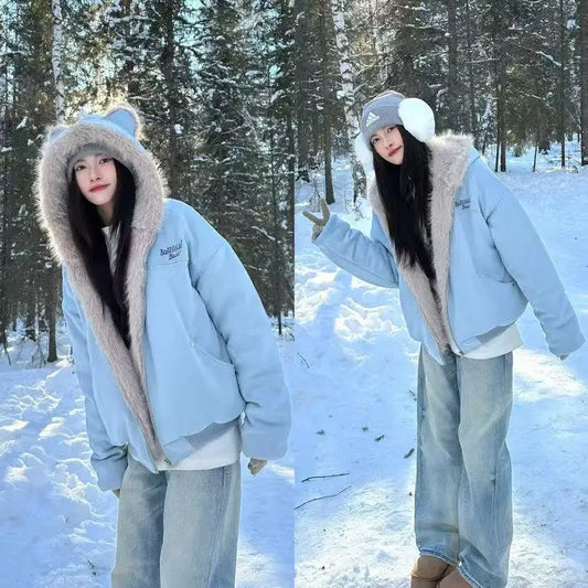 Y2K Winter Neue Blaue Plüsch Baumwolle Gefütterte Jacke Unisex Amerikanische High Street Kapuzenjacke Verdickte Paare Casual Mantel So ist Leben