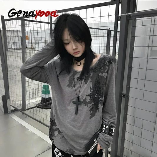Genayooa Gothic Print T-shirt Frauen Langarm Casual Y2k Vintage Grunge Tops T Streetwear Amerikanischen Retro T-shirts Fairycore So ist Leben