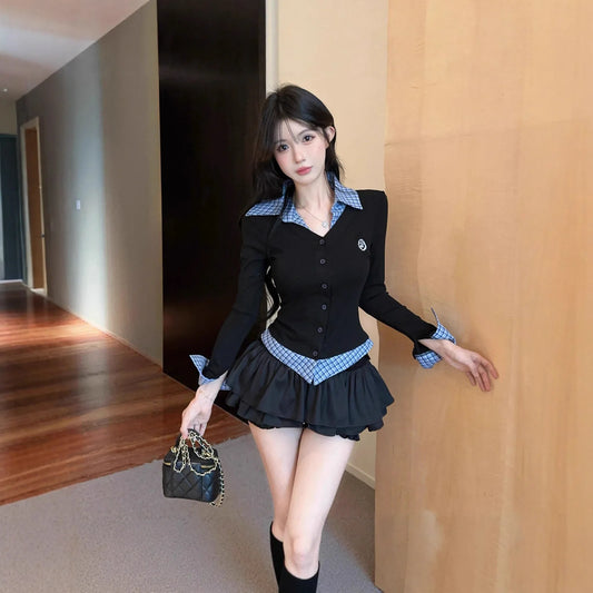 Herbst-Winter College-Style JK Uniform-Set Schlankmachendes Zweiteiler-Set mit Langarm-Oberteil und Puffrock in Halblänge So ist Leben