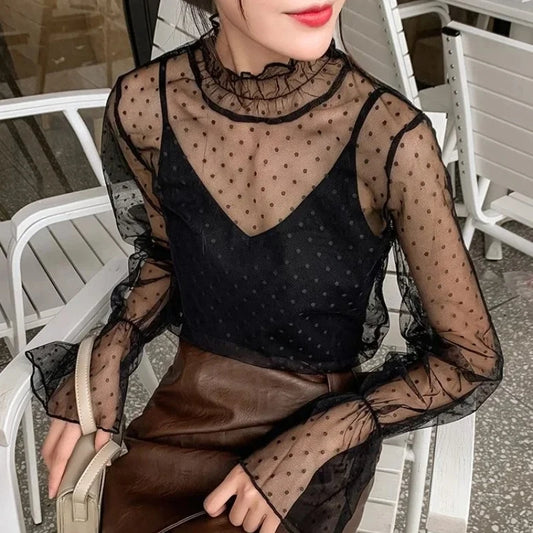 Frauen Sexy Mesh Durchsichtig T-shirt Lange Glocke Hülse Aushöhlen Bluse Sommer Transparent Sheer High Neck Bodenbildung Basic Tee - So ist Leben