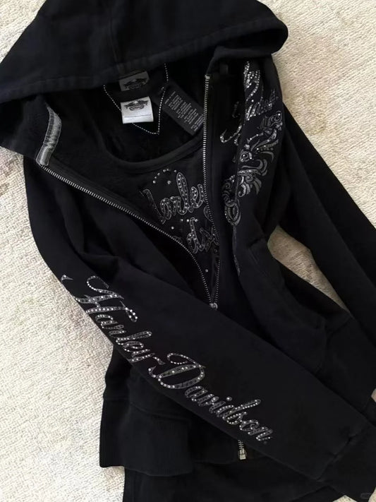 Y2K Gothic Kordelzug Design Schwarz Reißverschluss Sweatshirt Damen Jacke Mantel Harajuku Brief Grafik Sexy Slim Hoodie Herbst Kleidung So ist Leben